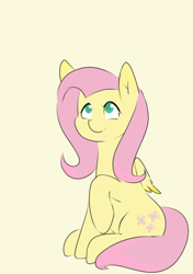 Size: 1428x2029 | Tagged: safe, artist:c0pter, fluttershy, pegasus, pony, cute, female, folded wings, looking up, mare, raised hoof, simple background, sitting, smiling, solo, wings