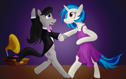 Size: 2680x1680 | Tagged: safe, artist:sixes&sevens, dj pon-3, octavia melody, vinyl scratch, earth pony, pony, bowtie, clothes, dancing, dress, female, holding hooves, inktober, inktober 2019, jewelry, lesbian, missing accessory, necklace, phonograph, scratchtavia, shipping, suit