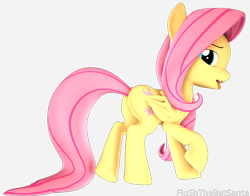 Size: 4088x3197 | Tagged: safe, artist:flushthebatsanta, fluttershy, pegasus, pony, 3d, female, looking at you, looking back, looking back at you, mare, open mouth, plot, simple background, solo, tongue out, white background