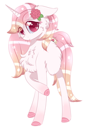 Size: 1726x2412 | Tagged: safe, artist:little-sketches, oc, oc only, pony, unicorn, art trade, chest fluff, colored hooves, colored pupils, cute, eye clipping through hair, female, floppy ears, flower, flower in hair, fluffy, looking at you, mare, ocbetes, simple background, smiling, solo, white background