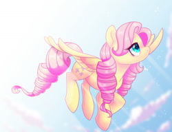 Size: 1280x985 | Tagged: safe, artist:guzzlord, fluttershy, pegasus, pony, alternate hairstyle, beautiful, female, flying, looking away, looking up, mare, ringlets, sky, solo, spread wings, wings