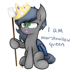 Size: 1110x1080 | Tagged: safe, artist:vanillashineart, oc, oc only, oc:eclipse penumbra, bat pony, pony, :p, crown, cute, food, jewelry, marshmallow, regalia, scepter, simple background, solo, tongue out, white background