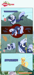 Size: 1919x4225 | Tagged: safe, artist:estories, applejack, oc, oc:silverlay, earth pony, pony, unicorn, comic:a(pple)ffection, comic, female, gem, hat, magic, mare, mouth hold, rope