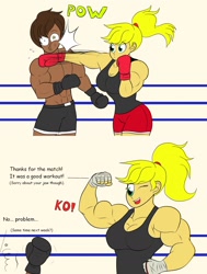 Size: 1620x2146 | Tagged: safe, artist:matchstickman, applejack, oc, human, applejacked, applerack, biceps, boxing, boxing gloves, breasts, dialogue, duo, flexing, humanized, knock out, muscles, one eye closed, ponytail, punch, sports, victory, wingding eyes, wink