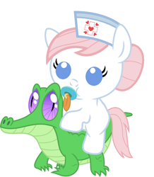 Size: 886x1017 | Tagged: safe, artist:red4567, gummy, nurse redheart, pony, baby, baby pony, cute, pacifier, ponies riding gators, riding, simple background, white background