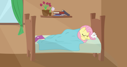 Size: 4096x2160 | Tagged: safe, artist:mazli, angel bunny, fluttershy, pegasus, pony, bed, blanket, book, duo, eyes closed, flower, indoors, morning, sleeping, vector, window