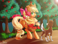 Size: 1024x768 | Tagged: safe, artist:foxcarp, apple bloom, applejack, winona, earth pony, pony, apple, apple tree, basket, bow, female, filly, food, mare, ponies riding ponies, riding, tree