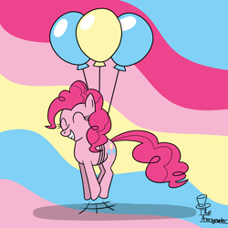 Size: 5000x5000 | Tagged: safe, artist:noidavaliable, pinkie pie, earth pony, pony, abstract background, absurd resolution, balloon, female, floating, hopping, jumping, pronking, smiling, solo, then watch her balloons lift her up to the sky