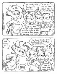 Size: 849x1100 | Tagged: safe, artist:circe, fluttershy, pinkie pie, oc, oc:eaststern, anthro, unguligrade anthro, comic:soreloser, black and white, breasts, clothes, comic, dress, grayscale, harpo marx, hat, marx brothers, monochrome, sun hat, sundress, traditional art