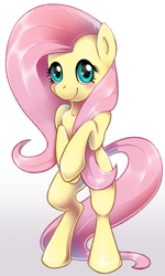 Size: 1189x1977 | Tagged: safe, artist:crossedcrown, fluttershy, pegasus, pony, bipedal, blushing, cute, female, gradient background, looking at you, mare, shyabetes, smiling, solo, three quarter view