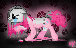 Size: 961x614 | Tagged: safe, artist:9cynthia, artist:islamilenaria, pinkie pie, earth pony, pony, abstract background, color loss, crying, pinkamena diane pie, sad, solo