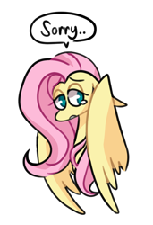 Size: 800x1171 | Tagged: safe, artist:quiet-bunny, fluttershy, pegasus, pony, bust, crying, female, floppy ears, lidded eyes, looking away, mare, sad, simple background, solo, sorry, speech bubble, teary eyes, three quarter view, transparent background