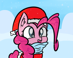 Size: 1080x853 | Tagged: safe, artist:artiks, pinkie pie, earth pony, pony, artiks is trying to murder us, christmas, clothes, costume, cute, diapinkes, female, hat, holiday, mare, open mouth, santa costume, santa hat, scarf, smiling, snow, solo