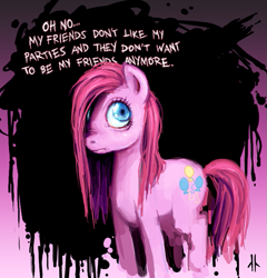 Size: 617x643 | Tagged: safe, artist:corpsecrow, pinkie pie, earth pony, pony, party of one, abstract background, cutie mark, female, frown, looking at you, mare, pinkamena diane pie, sad, solo, text