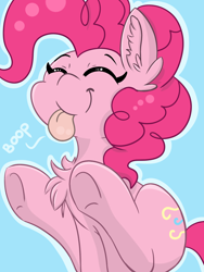 Size: 1200x1600 | Tagged: safe, artist:meowmavi, pinkie pie, earth pony, pony, :p, :t, blue background, boop, chest fluff, cute, diapinkes, ear fluff, eyes closed, female, jumping, mare, mlem, ponk, silly, silly pony, simple background, solo, text, tongue out, underhoof, weapons-grade cute