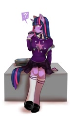 Size: 1200x2000 | Tagged: safe, artist:fierrequin, twilight sparkle, anthro, backpack, clothes, cute, hair twirl, kneesocks, necktie, pleated skirt, question mark, schoolgirl, shirt, shoes, simple background, sitting, skirt, socks, solo, sweater, white background