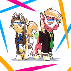 Size: 2000x2000 | Tagged: safe, artist:mykegreywolf, big macintosh, caramel, earth pony, pony, aviator glasses, caramel is awesome, clothes, male, stallion, suit, sunglasses