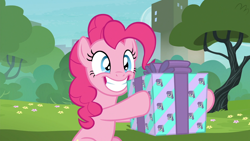 Size: 1920x1080 | Tagged: safe, screencap, maud pie, pinkie pie, earth pony, pony, the gift of the maud pie, female, mare, present, smiling, solo