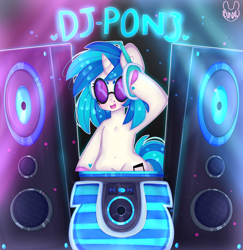 Size: 3400x3500 | Tagged: safe, artist:bunxl, dj pon-3, vinyl scratch, pony, unicorn, belly button, female, headphones, mare, solo, sunglasses, turntable