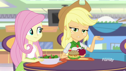 Size: 1280x720 | Tagged: safe, screencap, applejack, fluttershy, equestria girls, mirror magic, spoiler:eqg specials, burger, food, hamburger, salad