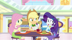 Size: 1280x720 | Tagged: safe, screencap, applejack, fluttershy, rarity, equestria girls, mirror magic, spoiler:eqg specials, burger, food, hamburger