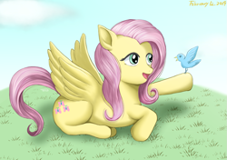 Size: 1191x839 | Tagged: safe, artist:タツオ, fluttershy, bird, pegasus, pony, female, mare, solo