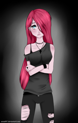 Size: 1200x1900 | Tagged: safe, artist:akimi--chan, pinkie pie, human, choker, clothes, cross, crossed arms, ear piercing, earring, eyebrow piercing, female, gradient background, hair over one eye, humanized, jewelry, lip piercing, necklace, off shoulder, piercing, pinkamena diane pie, solo, torn clothes