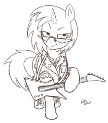 Size: 673x768 | Tagged: safe, artist:bigrigs, dj pon-3, vinyl scratch, pony, unicorn, clothes, electric guitar, guitar, jacket, leather jacket, monochrome, solo