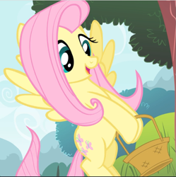 Size: 937x942 | Tagged: safe, screencap, fluttershy, pegasus, pony, filli vanilli, basket, cropped, cute, female, flying, mare, shyabetes, smiling