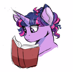 Size: 3000x3000 | Tagged: safe, artist:scarletskitty12, twilight sparkle, pony, alternate hairstyle, book, female, mare, reading, simple background, solo, white background