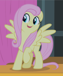 Size: 771x926 | Tagged: safe, screencap, fluttershy, pegasus, pony, filli vanilli, cropped, cute, female, happy, looking at something, mare, open mouth, raised hoof, shyabetes, smiling, spread wings, wings