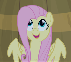 Size: 1087x940 | Tagged: safe, screencap, fluttershy, pegasus, pony, filli vanilli, barrel, cropped, cute, female, happy, looking up, mare, open mouth, shyabetes, smiling, solo, wings