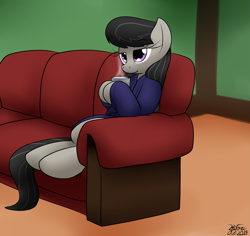 Size: 1951x1841 | Tagged: safe, artist:the-furry-railfan, octavia melody, earth pony, pony, clothes, food, indoors, mug, relaxing, robe, sitting, sofa, steam, tea