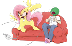 Size: 1386x890 | Tagged: safe, artist:shoutingisfun, fluttershy, oc, oc:anon, human, pegasus, pony, anon's couch, clothes, controller, cross-popping veins, destruction, dreamcast, feather, female, flutterrage, male, mare, mismatched socks, ooc is serious business, rage, rage quit, sega dreamcast, simple background, socks, sofa, spread wings, throwing, vein bulge, video game, vmu, white background, wings