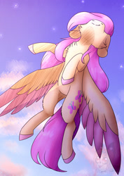 Size: 1280x1810 | Tagged: safe, artist:charadreamers, fluttershy, pegasus, pony, cheek fluff, chest fluff, colored hooves, colored wings, female, flying, looking up, mare, sky, solo, spread wings, stars, wings