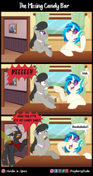 Size: 1640x3099 | Tagged: safe, artist:raspberrystudios, dj pon-3, octavia melody, vinyl scratch, oc, oc:bandit, changeling, earth pony, pony, candy bar, changeling oc, comic, commission, double colored changeling, vulgar