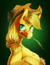 Size: 1024x1336 | Tagged: safe, artist:may-li128, applejack, earth pony, pony, crossed hooves, female, green background, haystick, mare, simple background, solo