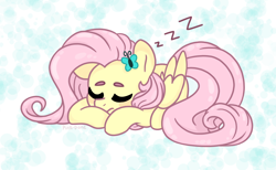 Size: 1200x740 | Tagged: safe, artist:ch-chau, artist:pink-pone, fluttershy, butterfly, pegasus, pony, collaboration, abstract background, cute, eyes closed, female, folded wings, lying down, mare, onomatopoeia, prone, shyabetes, sleeping, solo, wings, zzz