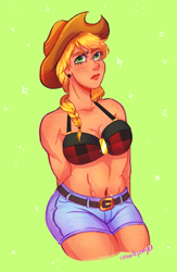 Size: 1033x1581 | Tagged: safe, artist:cosmicponye, applejack, human, applerack, belly button, belt, bra, breasts, clothes, cowboy hat, female, freckles, hands behind back, hat, humanized, looking at you, midriff, shorts, simple background, solo, stetson, thoughtful, underwear