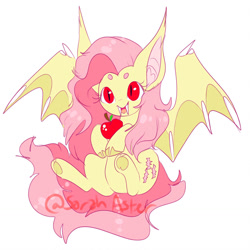 Size: 1280x1280 | Tagged: safe, artist:moshininja13, fluttershy, bat pony, apple, bat ponified, cute, fangs, flutterbat, food, race swap, red eyes, simple background, weapons-grade cute, white background