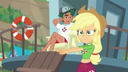 Size: 1280x720 | Tagged: safe, screencap, applejack, timber spruce, better together, equestria girls, turf war, applejack's hat, belly button, cowboy hat, crossed arms, duo, feet, hat, lifeguard, lifeguard applejack, lifeguard timber, midriff, stetson