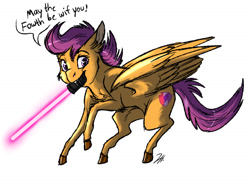 Size: 1300x1000 | Tagged: safe, artist:shimazun, scootaloo, pegasus, pony, colored pupils, female, filly, lightsaber, looking at you, may the fourth be with you, mouth hold, muffled words, simple background, solo, star wars, the cmc's cutie marks, weapon, white background