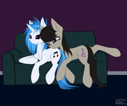 Size: 2700x2250 | Tagged: safe, artist:styroponyworks, dj pon-3, octavia melody, vinyl scratch, earth pony, pony, unicorn, backwards cutie mark, candy, cuddling, eating, female, food, hooves, horn, lesbian, lollipop, mare, scratchtavia, shipping, sofa