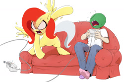 Size: 1275x839 | Tagged: safe, artist:shoutingisfun, edit, fluttershy, oc, oc:anon, human, pegasus, pony, anon's couch, clothes, controller, cross-popping veins, elements of insanity, feather, female, flutterrage, fluttershout, male, mare, mismatched socks, ooc is serious business, paint, rage, rage quit, sega dreamcast, simple background, socks, sofa, spread wings, throwing, vein bulge, video game, white background, wings