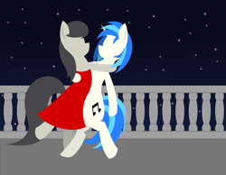 Size: 3000x2322 | Tagged: safe, artist:alltimemine, dj pon-3, octavia melody, vinyl scratch, earth pony, pony, unicorn, bipedal, clothes, dancing, dress, female, hooves, horn, lesbian, lineless, mare, night, night sky, scratchtavia, shipping, sky, stars, tango