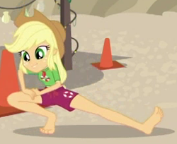 Size: 269x219 | Tagged: safe, screencap, applejack, better together, equestria girls, turf war, barefoot, beach, clothes, cropped, feet, geode of super strength, legs, lifeguard, magical geodes, sand, shorts, solo, stretching