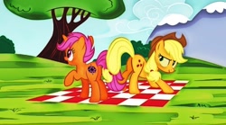 Size: 900x501 | Tagged: safe, artist:leandrovalhalla, applejack, oc, oc:dance illusions, earth pony, pony, unicorn, canon x oc, female, lesbian, picnic, picnic blanket, shipping, tree