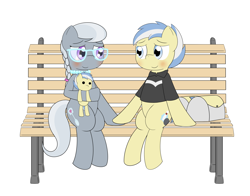 Size: 2800x2200 | Tagged: safe, artist:pvryohei, silver spoon, strike, pony, bench, blushing, colt, cute, female, filly, male, plushie, shipping, silverstrike, simple background, smiling, straight, white background