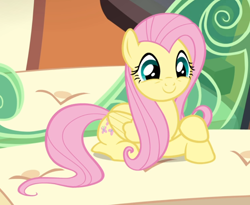 Size: 976x799 | Tagged: safe, screencap, fluttershy, pegasus, pony, trade ya, cropped, crossed arms, cute, female, lying down, mare, prone, shyabetes, sitting, smiling, solo