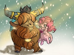 Size: 2224x1668 | Tagged: safe, artist:drawingjules, pinkie pie, prince rutherford, earth pony, pony, yak, cute, female, interspecies, male, mare, pinkieford, shipping, snow, straight, winter